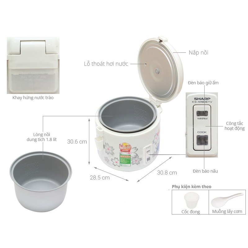 Nồi cơm nắp gài Sharp KS-N181ETV-SL / KS-N182ETV-SW / KS-N192ETV "SP" 1.8 lít
