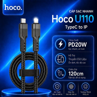 Cáp sạc nhanh TypeC to IP PD20W Hoco U110 dùng cho 14 trở xuống ,dây vải dù chống rối dài 120cm