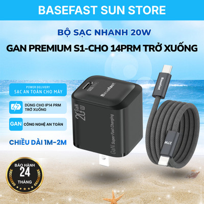 Bộ Sạc nhanh 20-30W Basefast cho 14PRM trở xuống Củ GaN an toàn kèm dây cáp dù Type C- LN 1M//2M