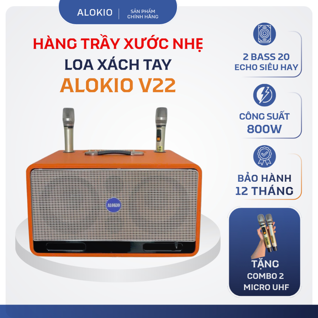 [TRẦY NHẸ GIÁ TỐT] Loa Xách Tay Alokio V22 Chính Hãng - 2 Bass 20 - Thùng Gỗ Bọc Da - 2 Micro UHF
