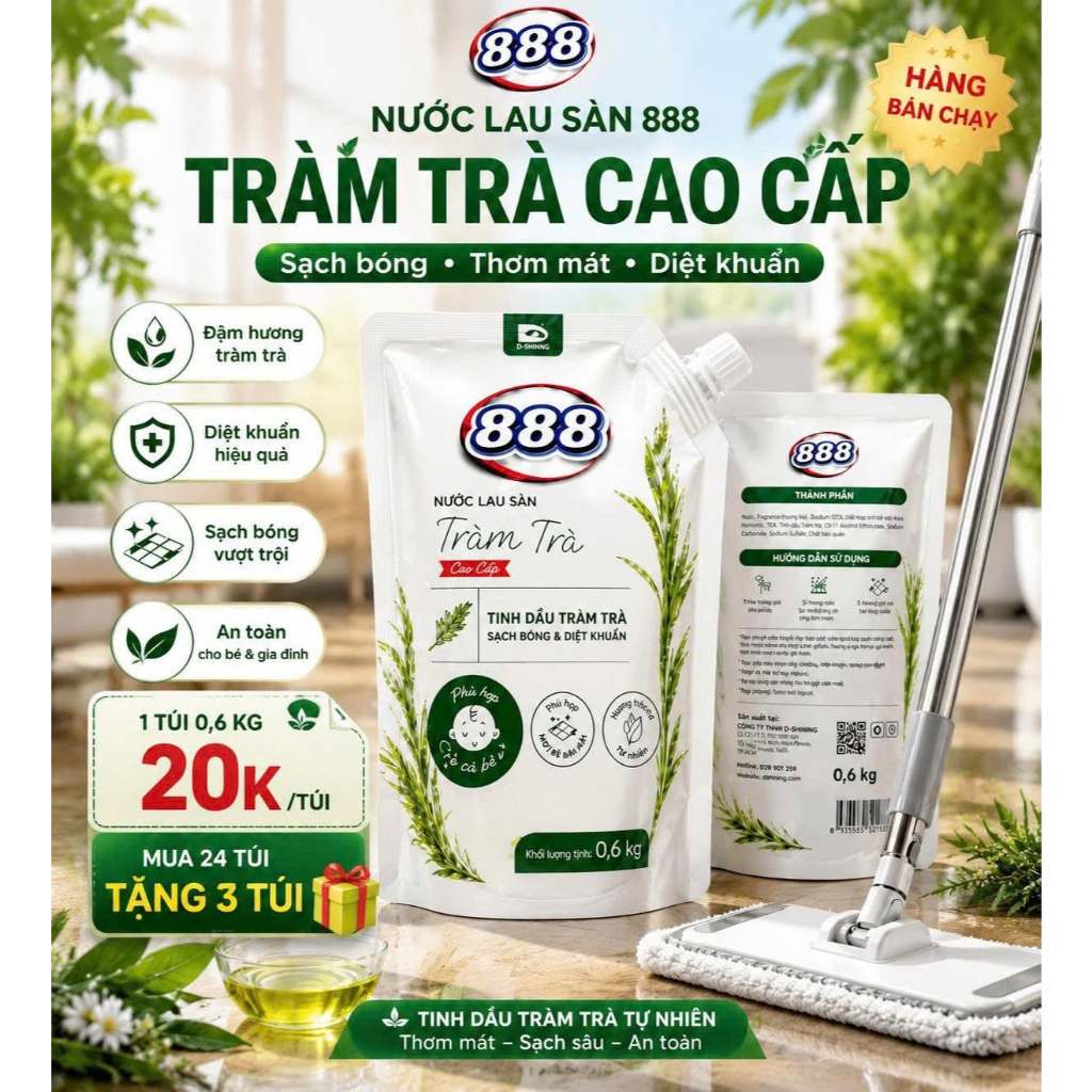 Thùng 24 túi ( tặng thêm 3 túi, tổng 27 túi) nước lau sàn 888 Hương Tràm Trà 888 0,6kg/1túi Tinh Dầu