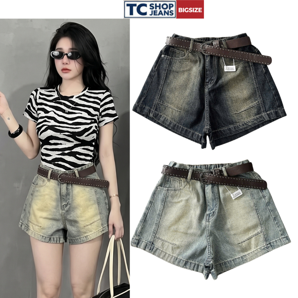 Quần short jean nữ lưng chun wash vàng bụi bặm lưng cao TC SHOP JEANS bigsize 55-90kg chất jean mềm 