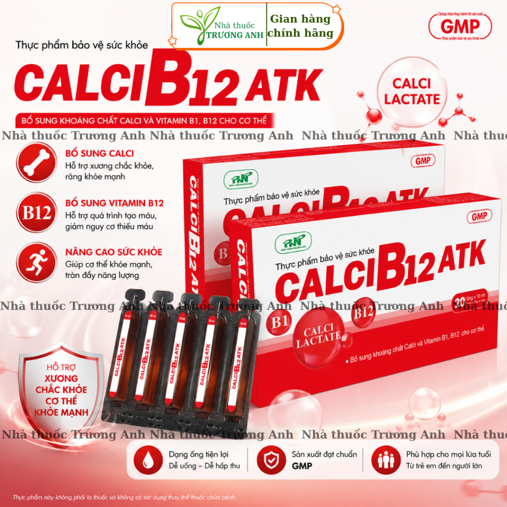 Calci B12 ATK giúp bổ sung khoáng chất Calci và Vitamin B1,B12 cho cơ thể. Hộp 20 ống