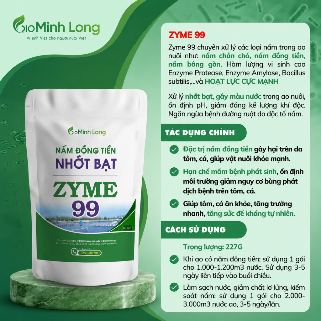 Thùng 30 Gói Zyme 99 | Bio Minh Long Chính Hãng – Xử Lý Nấm Đồng Tiền, Nhớt Bạt, Nước Ao