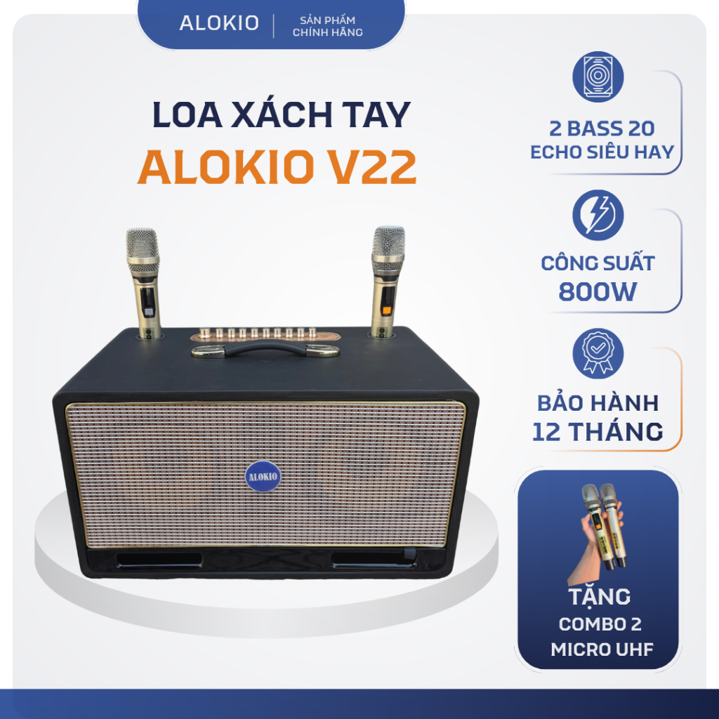 Alokio V22 Màu Đen – Loa Xách Tay Chính Hãng 2 Bass 20 Karaoke Bluetooth - Thùng Gỗ Bọc Da Cao Cấp –