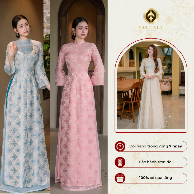 [FG 14] Áo dài tơ lụa tơ tằm vân gấm, hoạ tiết thọ dơi, thiết kế 5 tà thanh lịch, tà chữ A tôn dáng