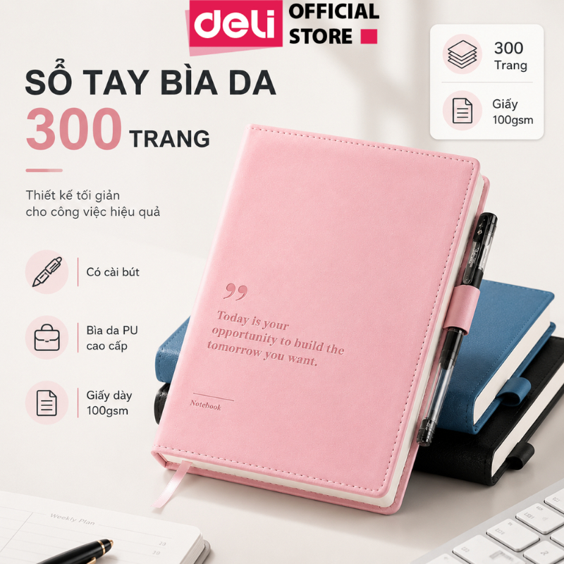 [VOUCHER 20%] Sổ Tay Bìa Da Deli A5/A6 – Sổ Da Kẻ Ngang 300 Trang, Giấy Dày Chống Nước Cao Cấp – Sổ 