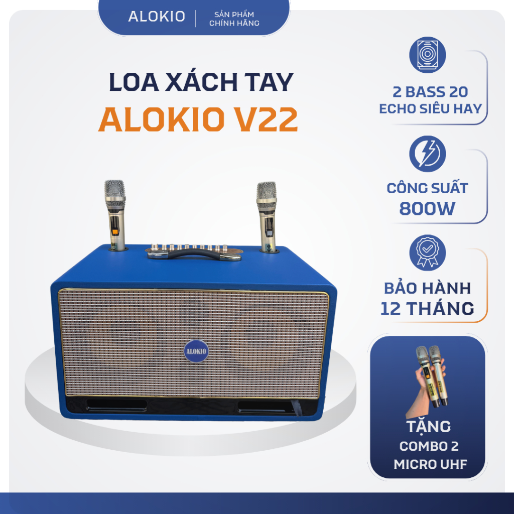 Alokio V22 Màu Xanh – Loa Xách Tay Chính Hãng 2 Bass 20 Karaoke Bluetooth - Thùng Gỗ Bọc Da Cao Cấp 