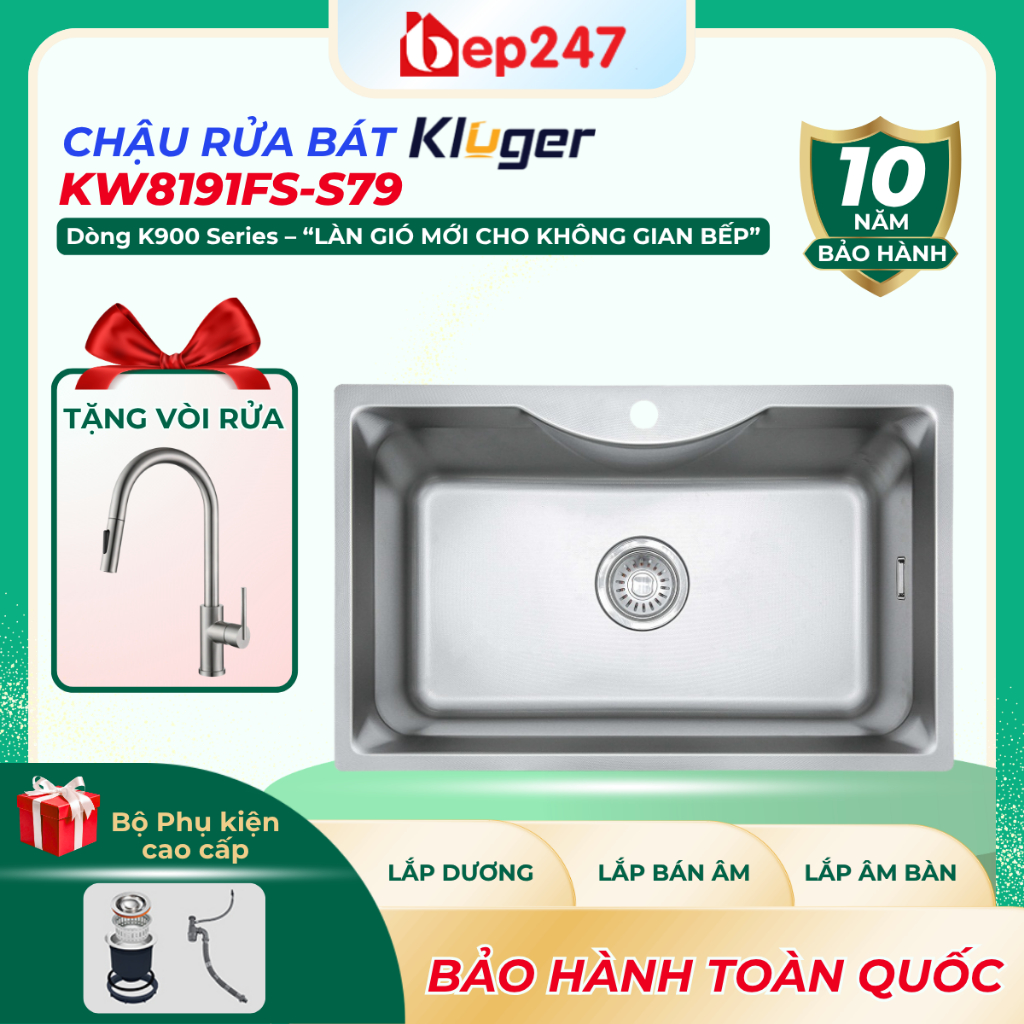 Chậu Rửa Rát 1 Hố Kluger KW8191FS-S79 Bề Mặt LINEN Chống Xước Hạn Chế Bám Dàu Mỡ Inox 304 Sáng Bóng