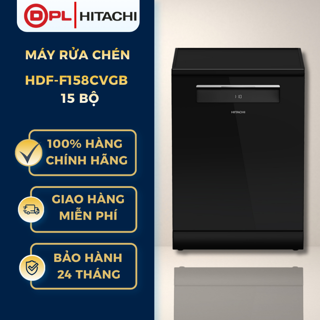Máy rửa chén độc lập 15 bộ Hitachi HDF-F158CVGB - Kính đen, Sấy khô diệt khuẩn