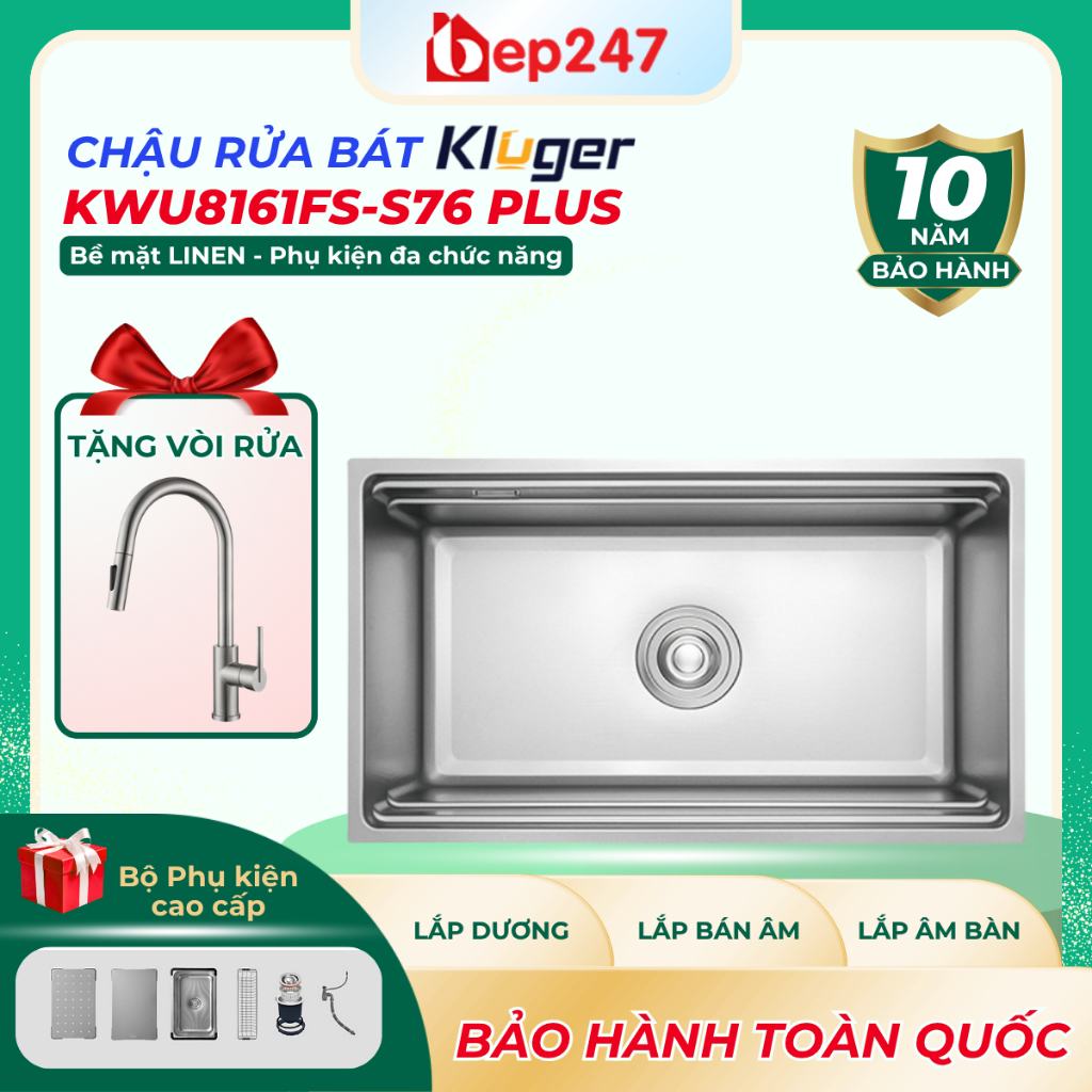 Chậu Rửa Bát 1 Hố Kluger KWU8161FS- S76 Plus, Bề Mặt LINEN Chống Xước Vượt Trội, Kèm Full Phụ Kiện