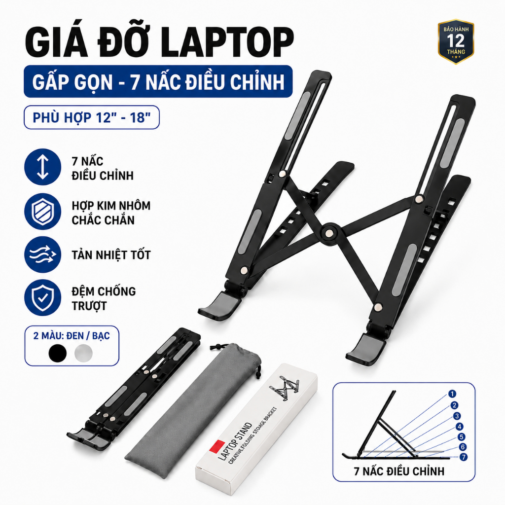 Giá đỡ laptop hợp kim nhôm/nhựa điều chỉnh độ cao, gấp gọn, hỗ trợ tản nhiệt cho MacBook và máy tính xách tay