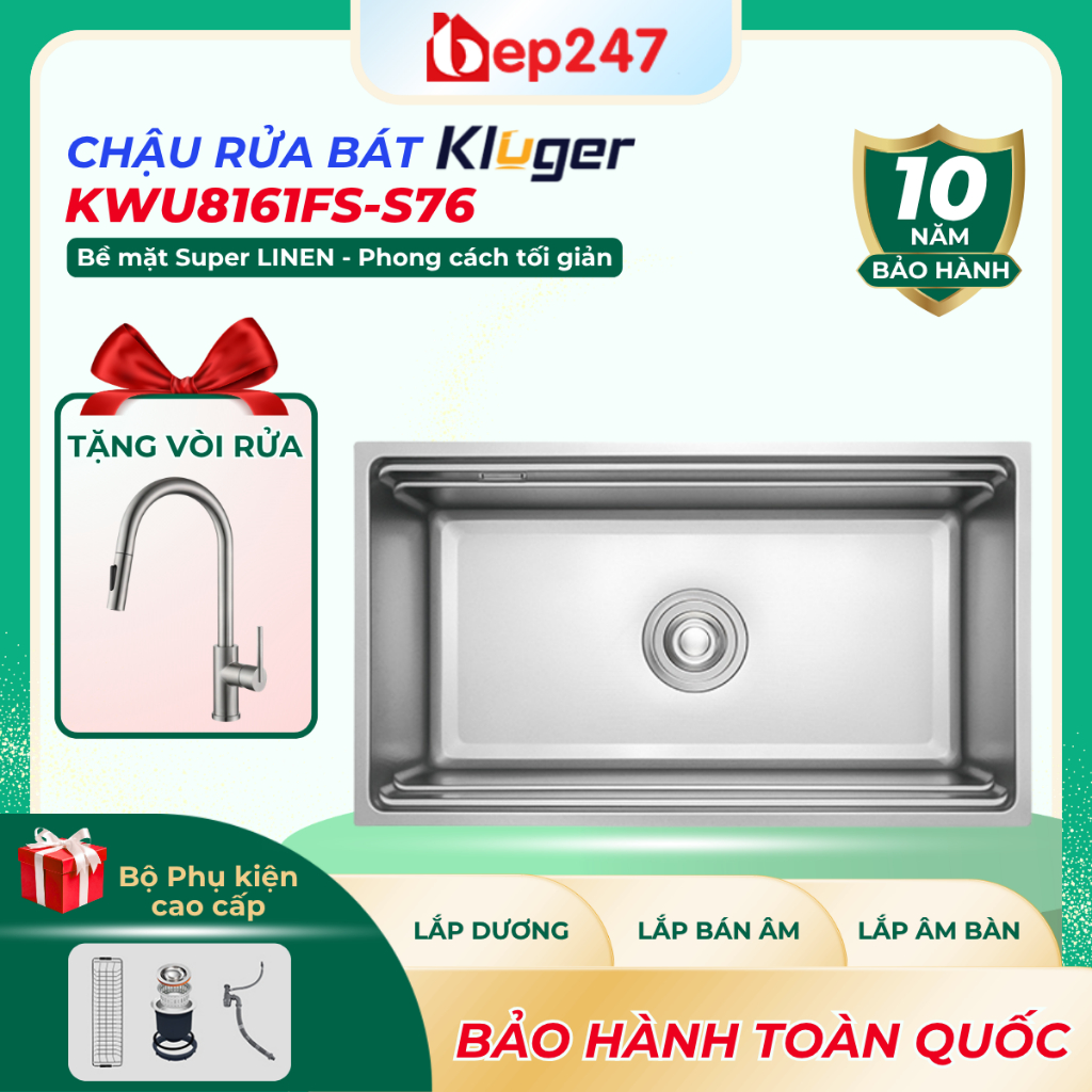 Chậu Rửa Bát 1 Hố Kluger KWU8161FS-S76, Chống Xước, Chống Bám Dầu Mỡ, Dễ Vệ Sinh, Tặng Vòi