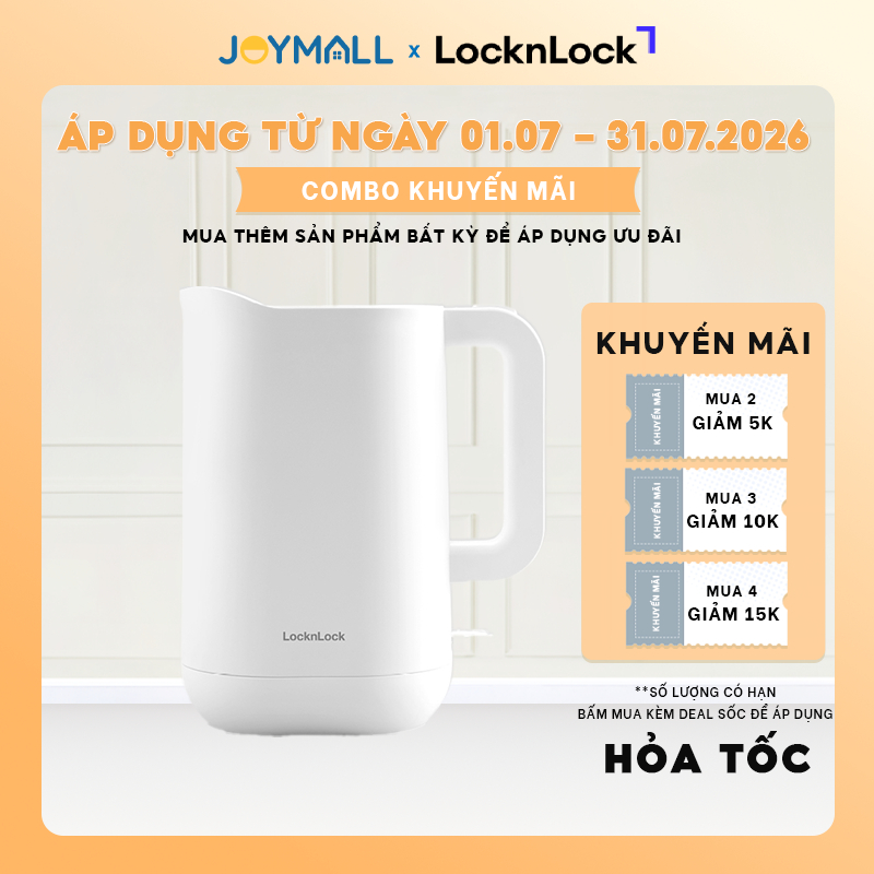 Ấm Đun Siêu Tốc Giảm Âm LocknLock Silent Electric Kettle EJK216WHT 1.2L , Hàng Chính Hãng - JoyMall