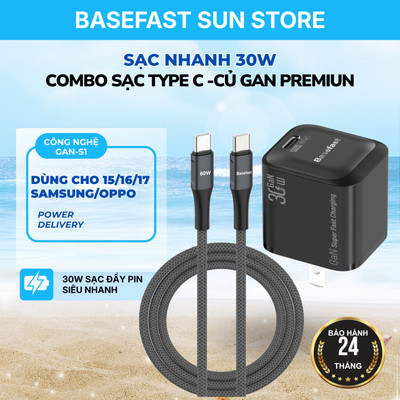 Bộ Sạc Nhanh Type C to C 30W Basefast Combo Củ Gan Kèm Dây Dù 1-2M Cho Samsung,Xiaomi,Oppo...