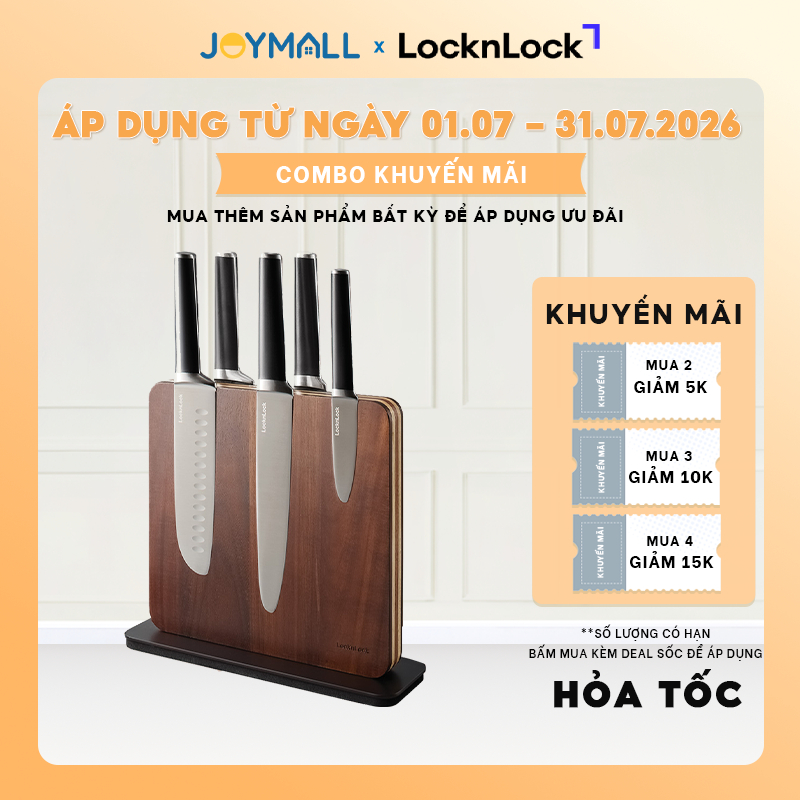 Bộ dao 7 món cao cấp LocknLock CKK804, Hàng chính hãng, thep không gỉ, khối đỡ nam châm gỗ - JoyMall