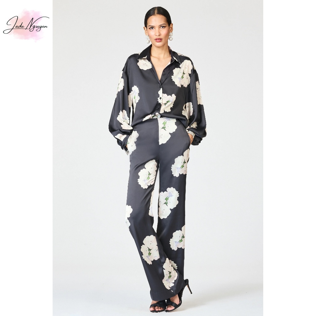 JadeNguyen - Quần Satin Belle Corsage Họa Tiết Hoa Trắng To Nền Xanh Đen (Set Luisa) CJN5165 (gạch m