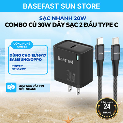 Bộ Sạc Nhanh 30W Basefast GaN Cho 15/16/17PRM Samsung/Oppo Cáp 2 Đầu Type C 1M 2M