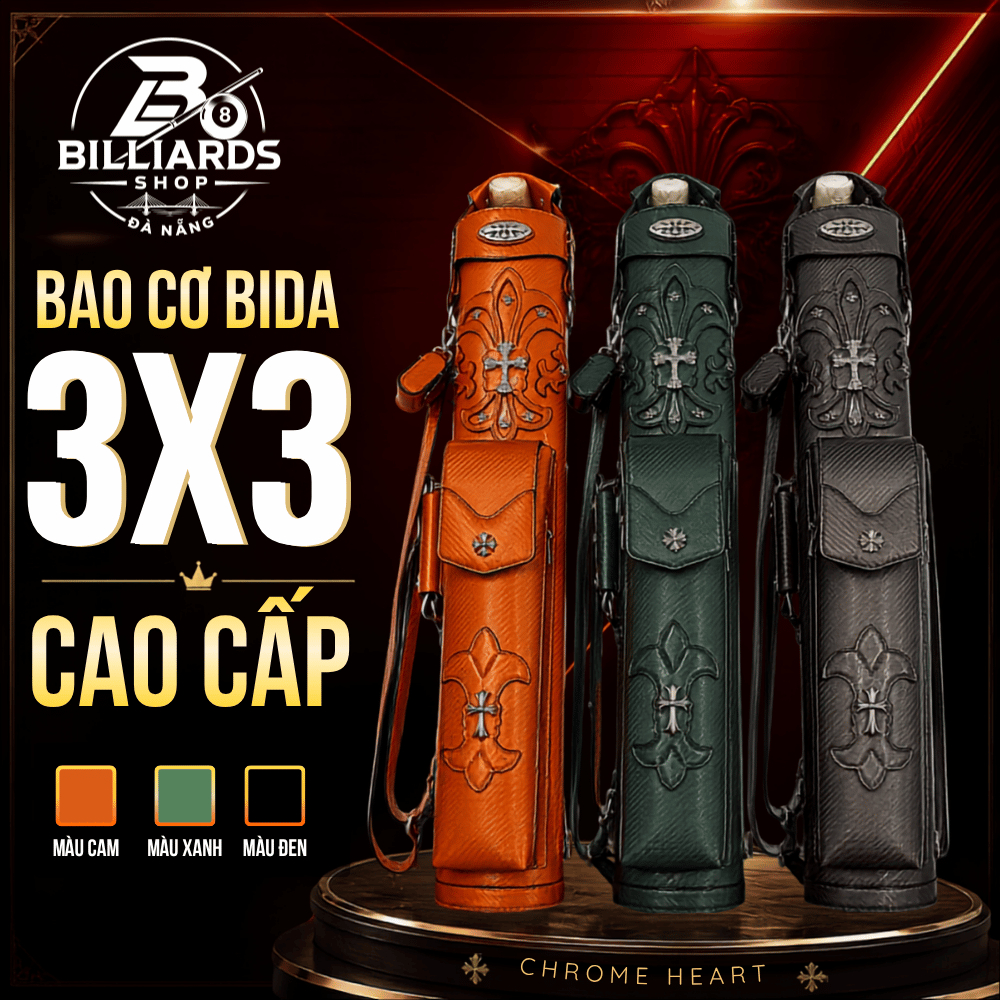 Bao Cơ Bida Carbon Fiber Chrome Hearts 3x3 Đựng 3 Báng 3 Ngọn Da PU Cao Cấp Chống Sốc Chống Trầy Có 