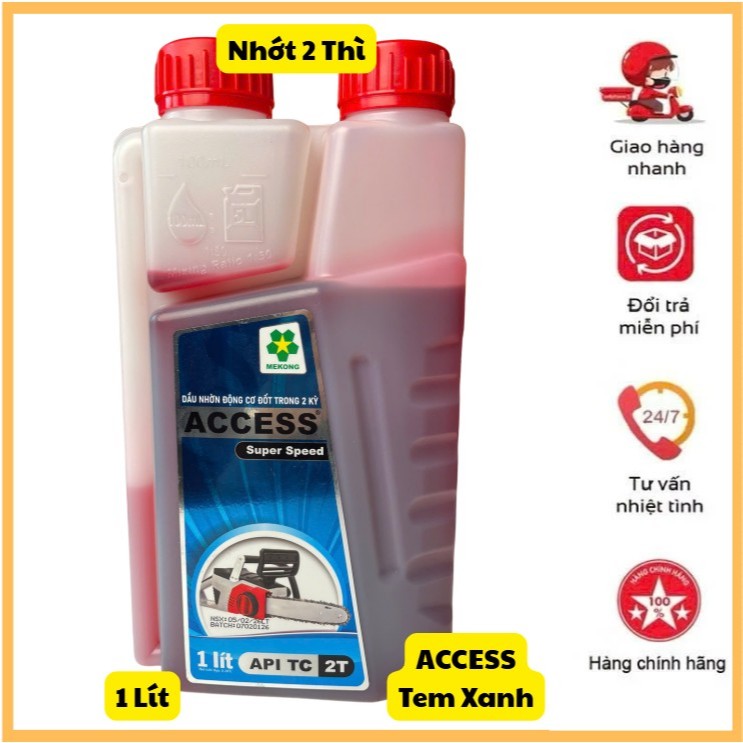 🎁 Nhớt 2 Thì Access 1Lít (Tem Xanh Nắp Đỏ) - Dùng Cho Động Cơ Máy Xăng, Máy Kohler