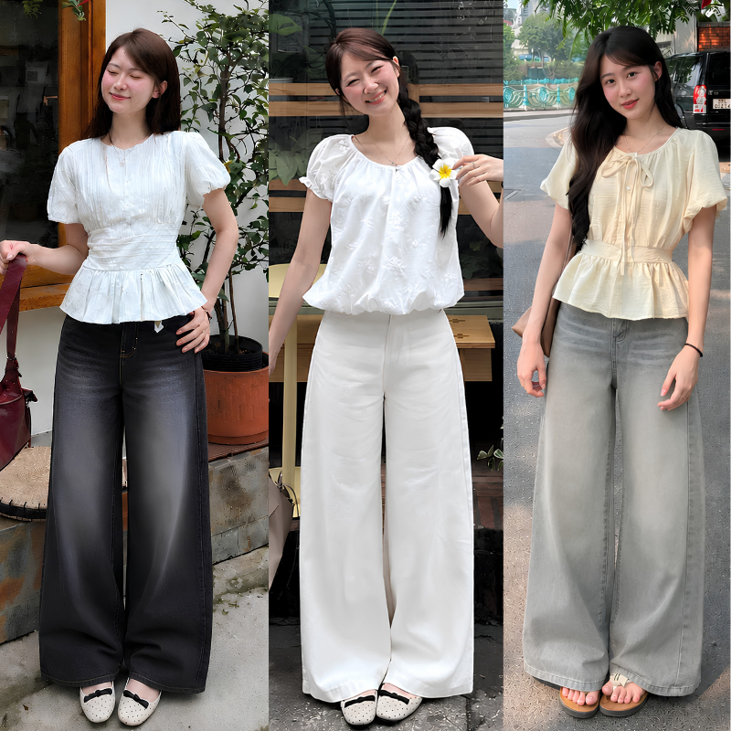 Quần Jeans Bò Ống Rộng suông đứng Nam Nữ MIAA 3 Màu Wash Cạp Cao , Quần jeans lưng cao Tôn Dáng ống 