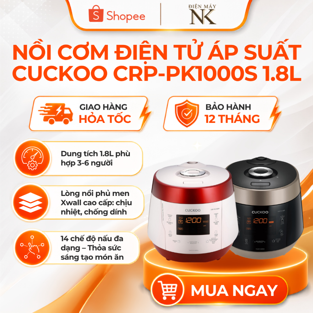Nồi cơm điện tử áp suất CUCKOO 1.8L CRP-PK1000S/P2RDVNCV Trắng Đỏ | CRP-PK1000S/BKCGVNCV Vàng Đen