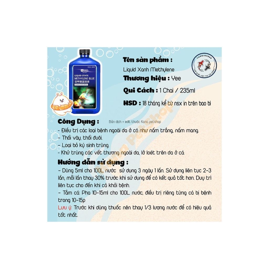 Xanh Methylene Blue Yee- Điều trị nấm và bệnh ngoài da cho cá cảnh, ăn toàn cho hệ vì sinh của mọi l
