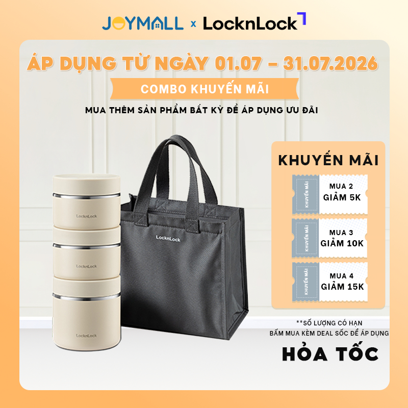 Bộ 3 Hộp Cơm Giữ Nhiệt LocknLock Lunch Box LHC8052S02 1.1L, Hàng Chính Hãng, Kèm Túi, Muỗng Đũa - Jo