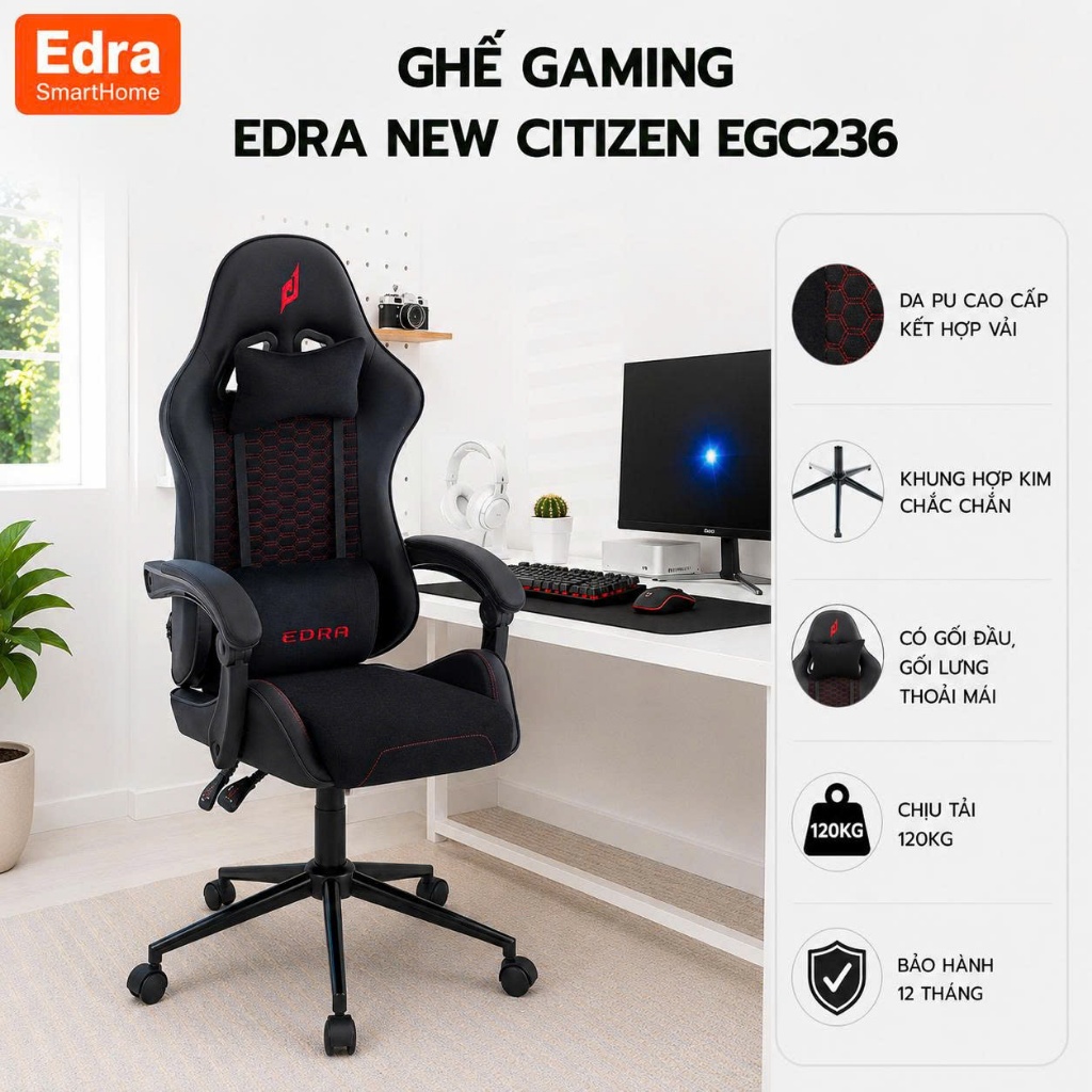 Ghế công thái học gaming New Citizen EDRA, ghế ngồi học xoay hỗ trợ tư thế ngồi chuẩn, chịu lực tốt 