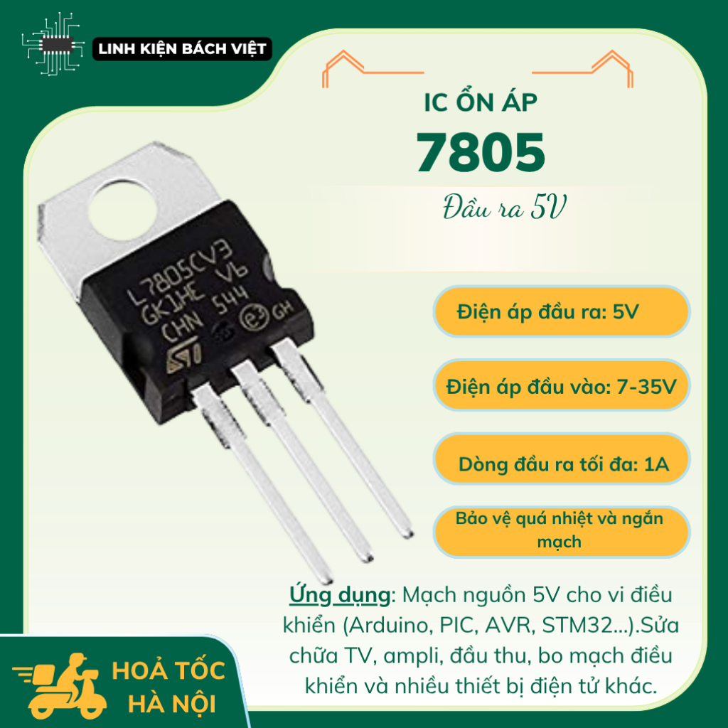 IC nguồn 7805 IC ổn áp 5V, L7805 IC nguồn TO-220 chất lượng cao - Linh kiện Bách Việt