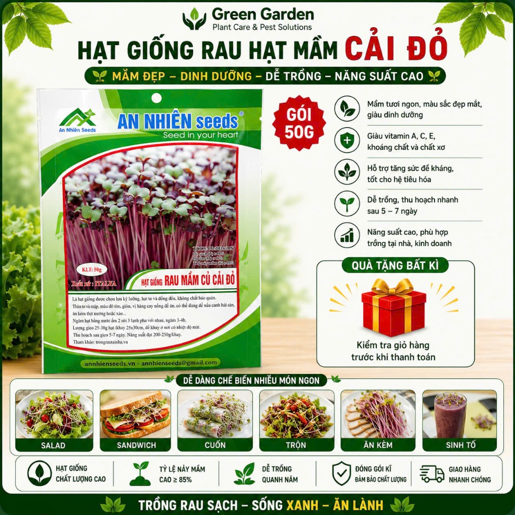 Hạt Giống Rau Mầm Củ Cải Đỏ Dễ Trồng, Giàu Dinh Dưỡng, Thu Hoạch Sau 5–7 Ngày An Nhiên Seeds 50G
