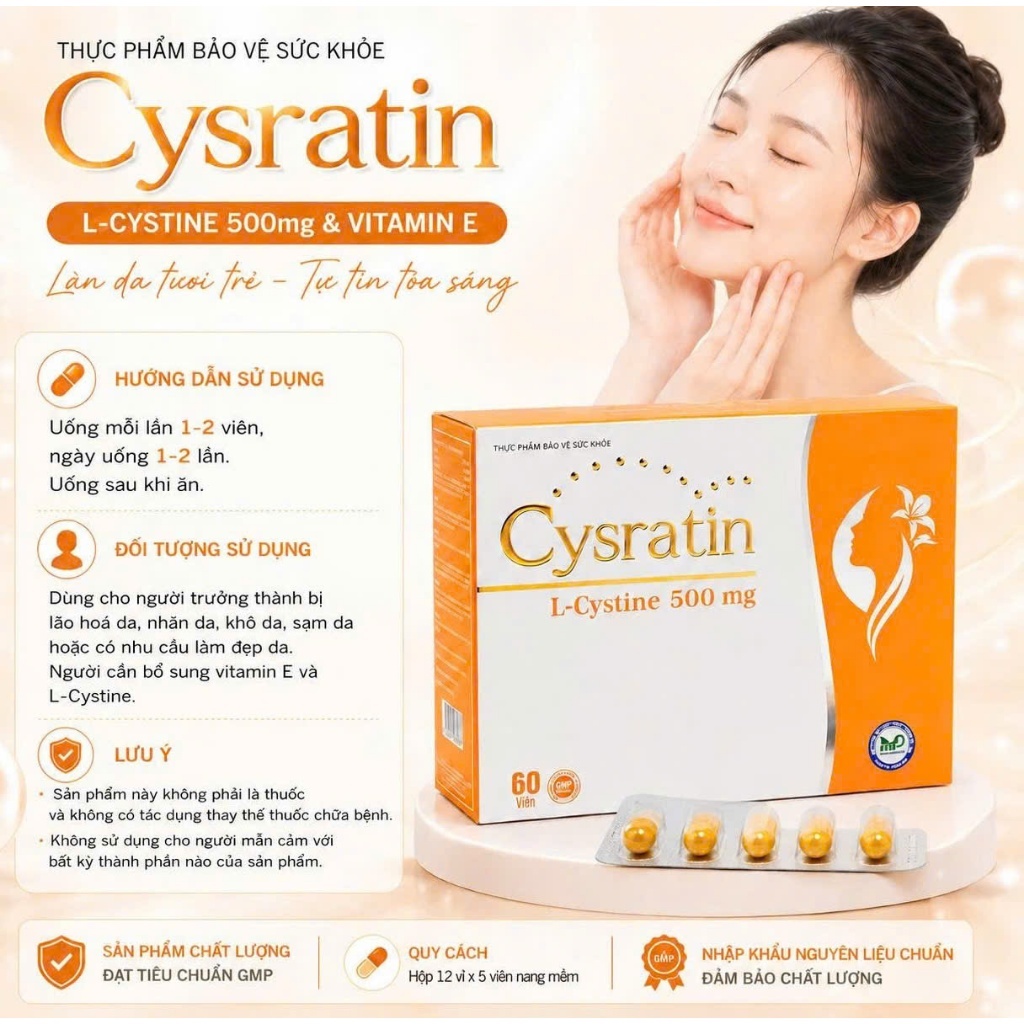 Cysratin L-Cystine 500mg 60 Viên – Viên Uống Đẹp Da Nữ, Dưỡng Ẩm Da, Hỗ Trợ Da Mịn, Tóc Chắc