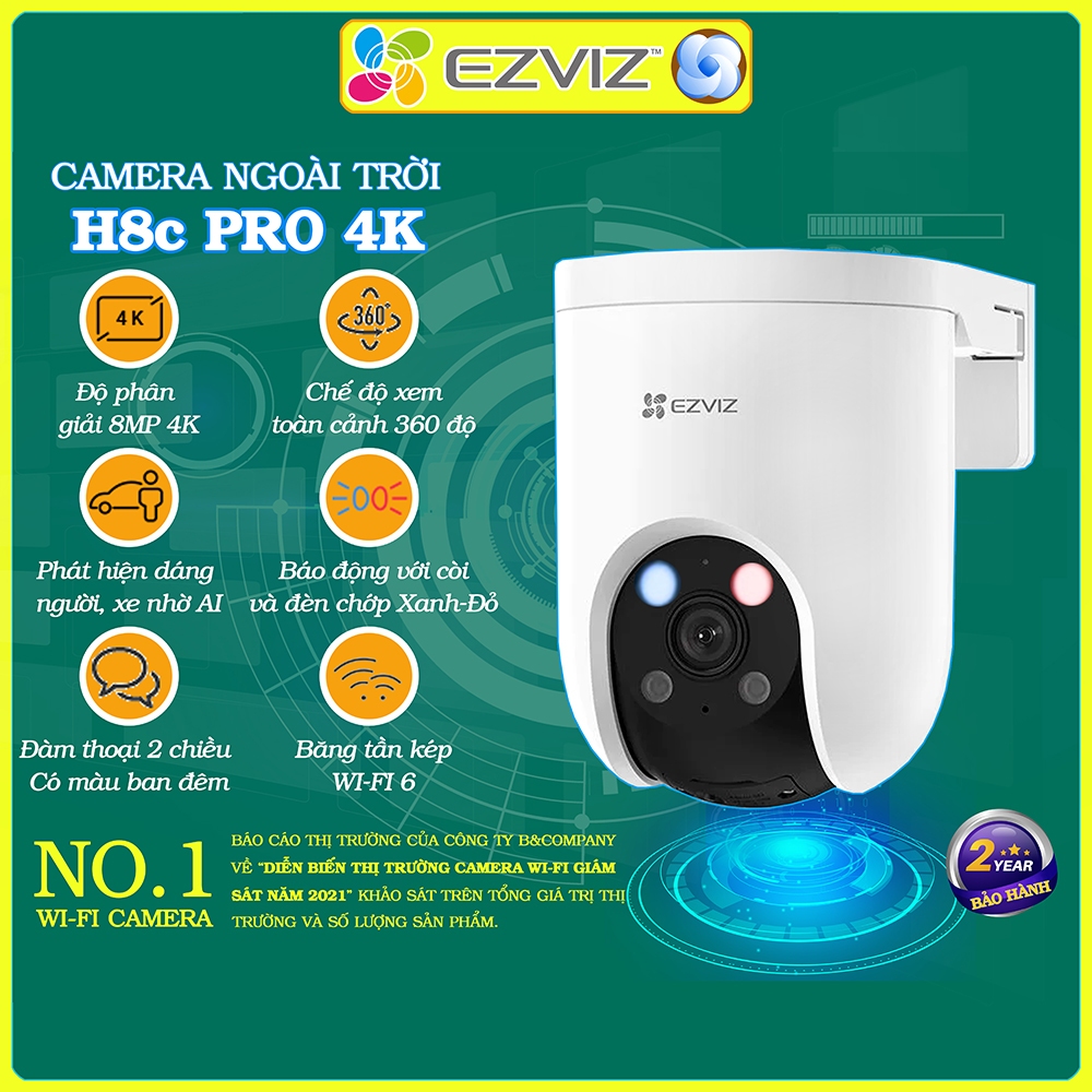 Camera wifi Ezviz H8C PRO 8MP 4K chính hãng, xoay, báo động đàm thoại, màu đêm