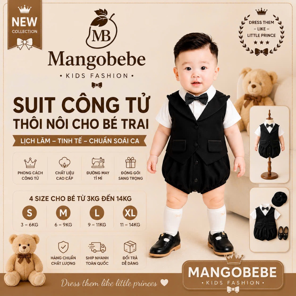 Mangobebe-Set công tử suit nơ bi cho bé trai đầy tháng đi tiệc đi thôi nôi cho bé