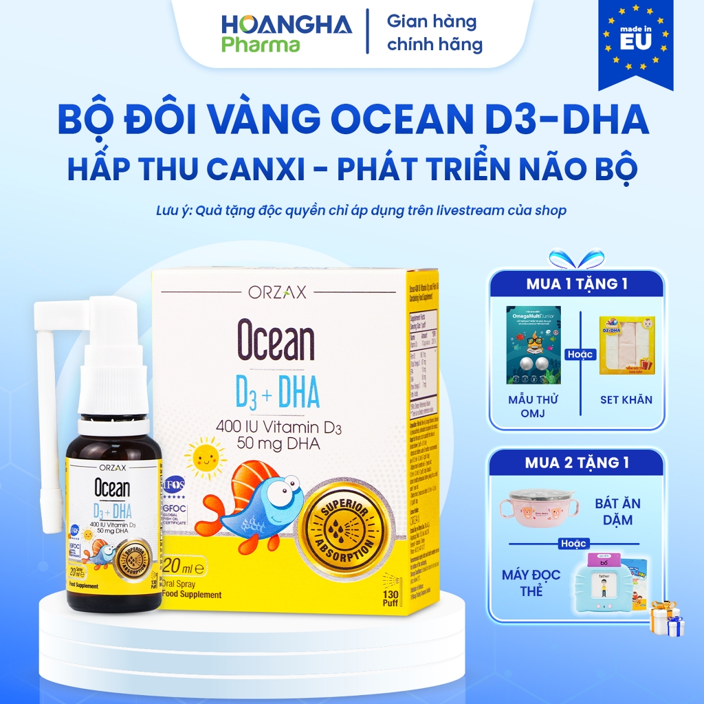 [Dạng Xịt/ Nhỏ Giọt] Orzax Ocean D3+DHA 20ml- Hấp Thu Canxi, Cao Lớn Vượt Trội, Phát Triển Não Bộ