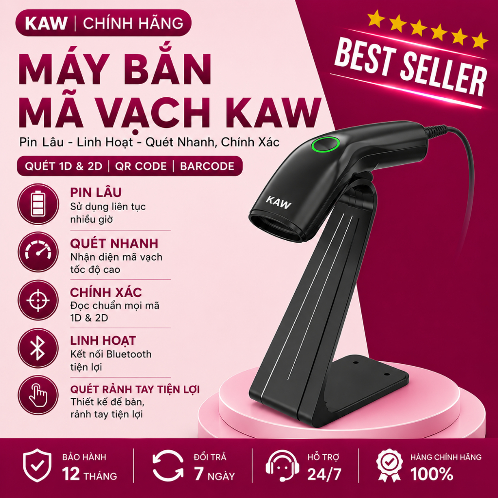 Máy Quét Mã Vạch Bluetooth KAW, Quét QR & Barcode 2D, Kết Nối Điện Thoại, Máy Tính, Quét Tự Động