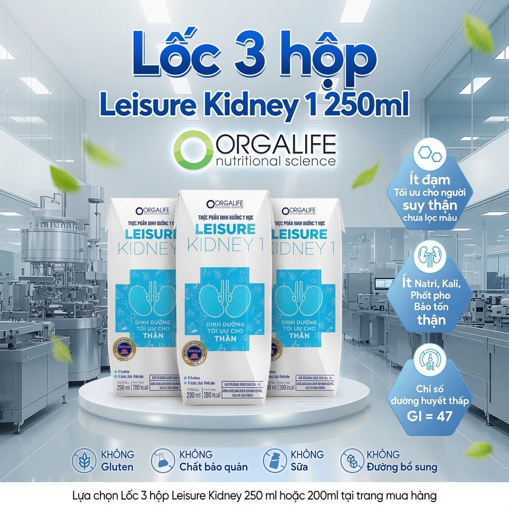 [Hỏa tốc] Lốc 3 hộp LEISURE KIDNEY 1 ( 250ml/hộp),Soup uống tốt cho người bệnh suy thận giảm protein