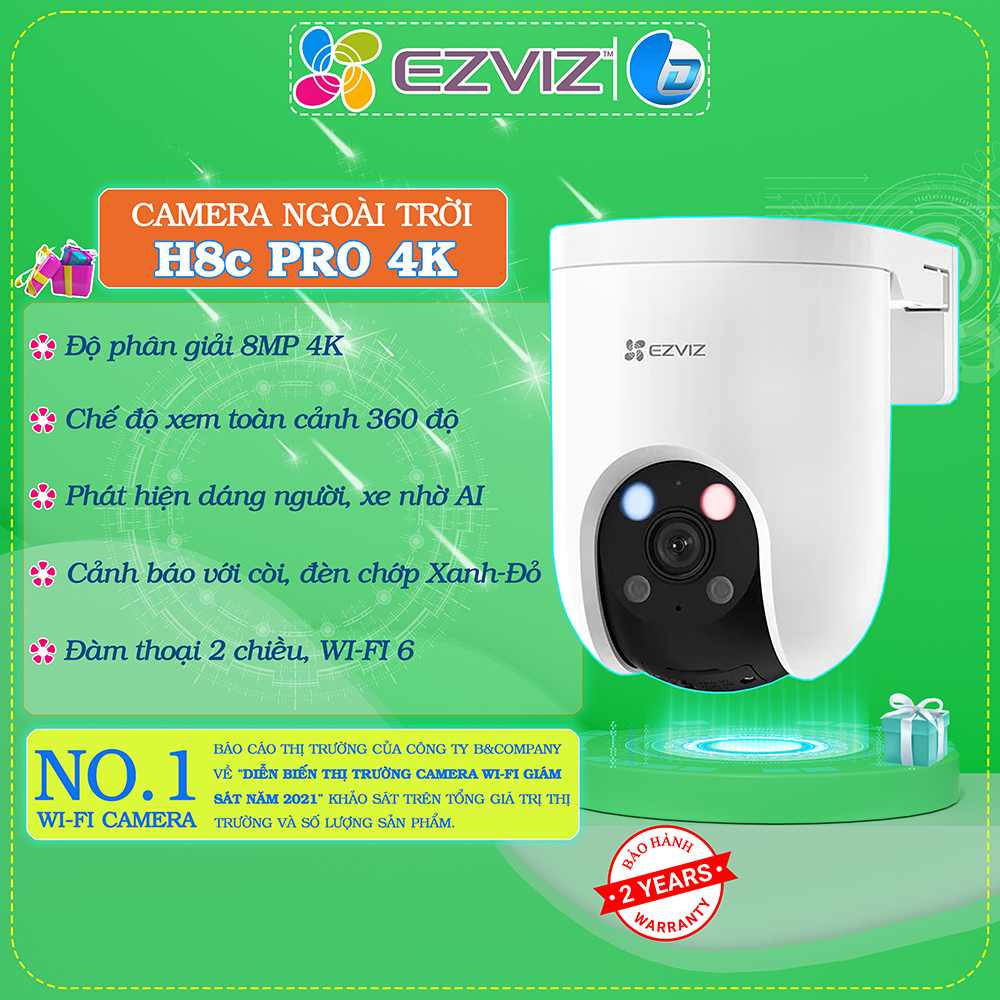 Camera wifi Ezviz H8C PRO 8MP 4K đèn cảnh báo xanh đỏ, xoay, báo động đàm thoại, màu đêm