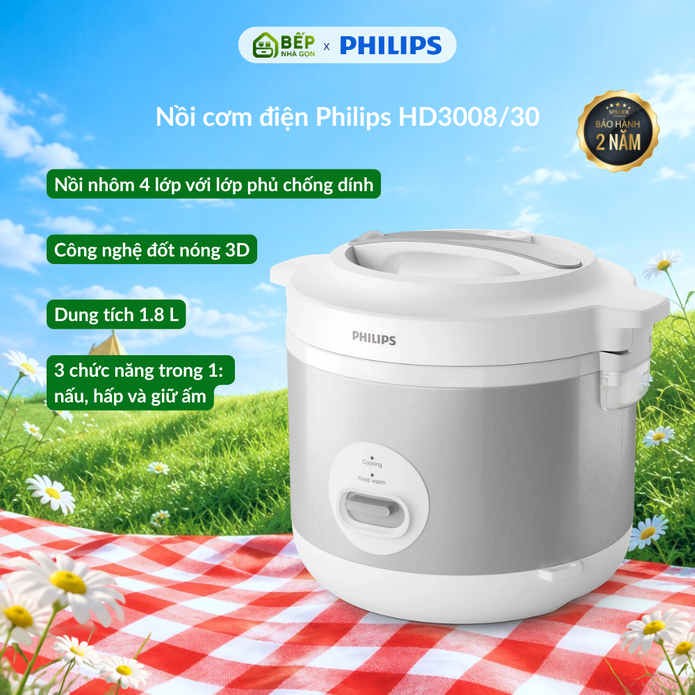 Nồi cơm điện PHILIPS HD3008/30/Bạc - Dung tích 1.8 lít | Chính hãng | Bảo hành 2 năm