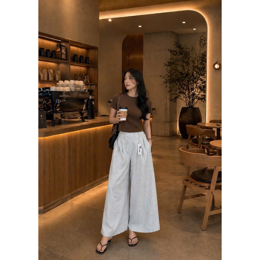 Quần Linen Nữ Cạp Cao Ống Rộng Mặc Mát Tôn Dáng Cạp Bán Chun