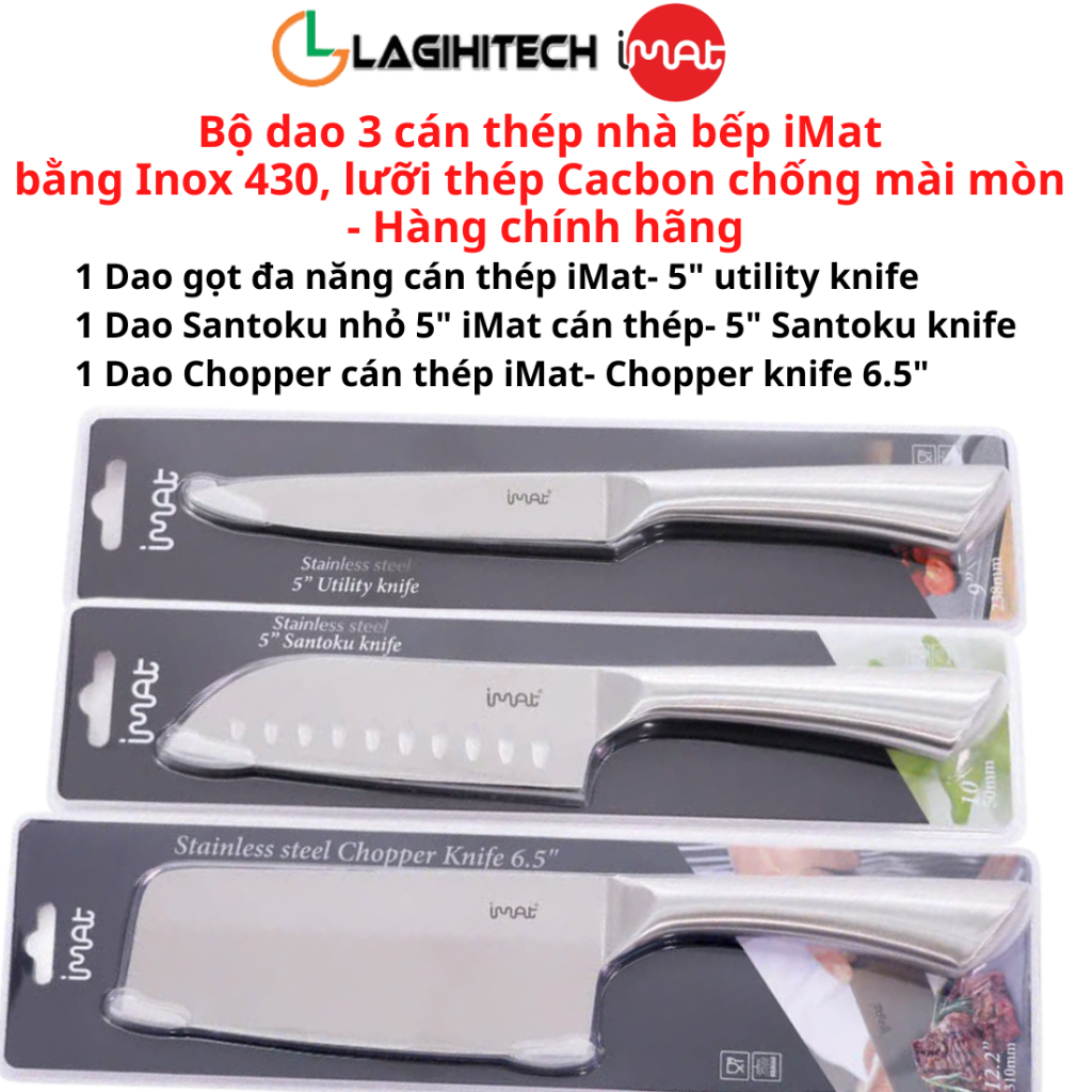 [QUÀ TẶNG] Bộ dao 3 cán thép nhà bếp iMat bằng Inox 430, lưỡi thép Cacbon chống mài mòn - Chính Hãng