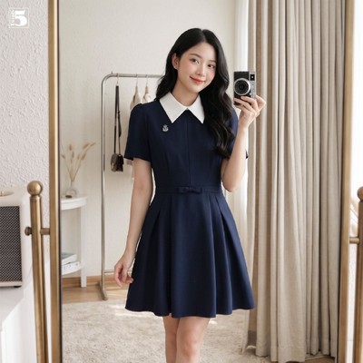 Đầm nữ Twentyfive thiết kế dáng ngắn tay họa tiết phối logo thanh lịch, vải dày đứng form DL62