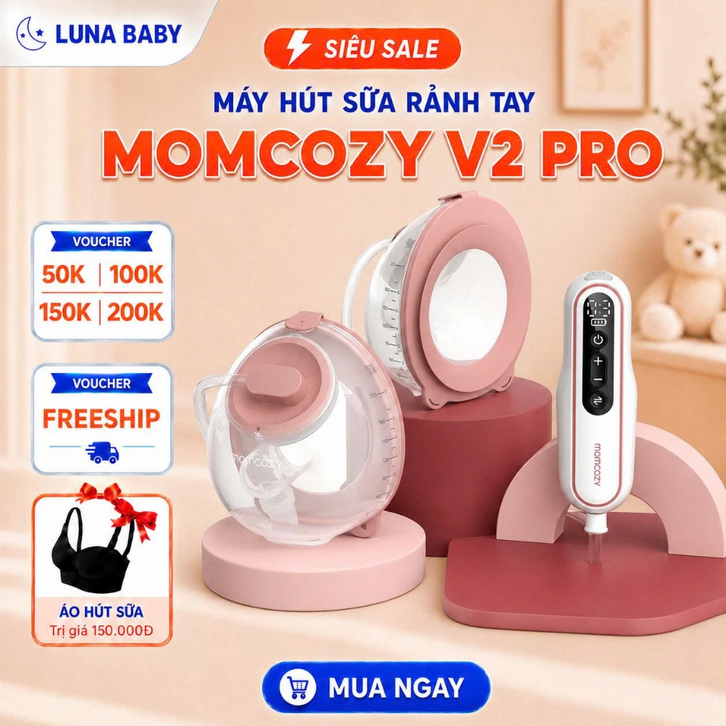 Máy Hút Sữa MOMCOZY V2 PRO, Hút Kiệt, Nằm Hút Tiện Lợi