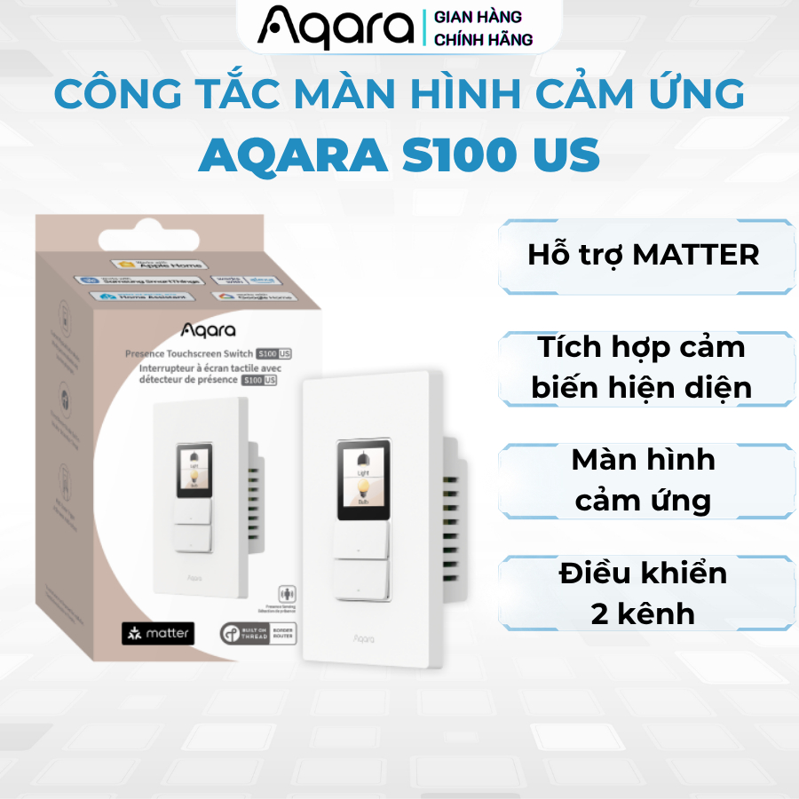 Công tắc màn hình cảm ứng tích hợp cảm biến hiện diện Aqara S100 US WS-K06D, 2 kênh điều khiển
