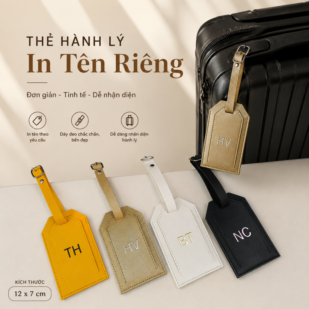 Thẻ Hành Lý In Tên Theo Yêu Cầu - Tag da PU khắc tên riêng sang trọng