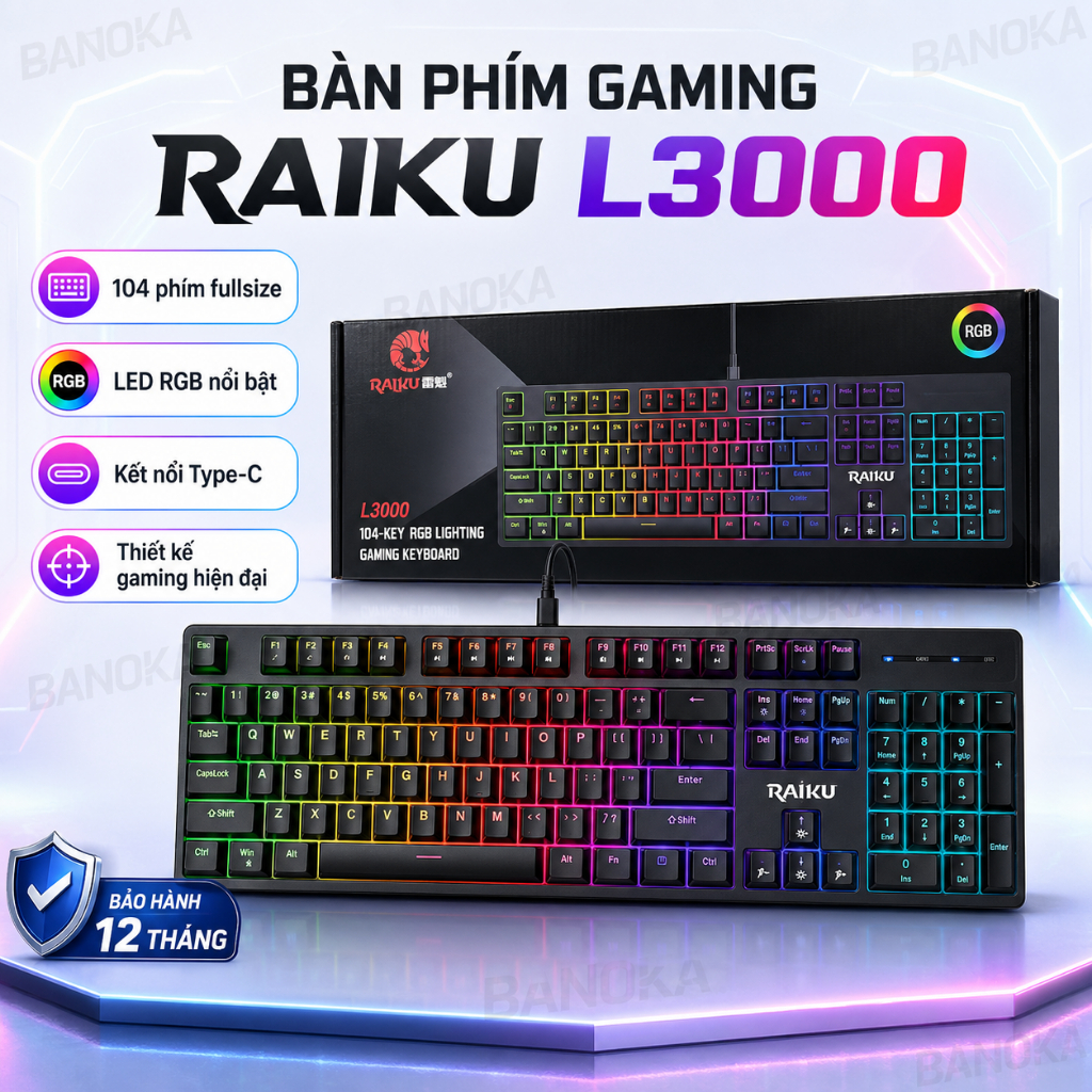 Bàn phím cơ RAIKU L3000 - Led RGB Đổi Màu - Bền Đẹp Giá Tốt, Cho Game Thủ...Bảo hành 12 tháng