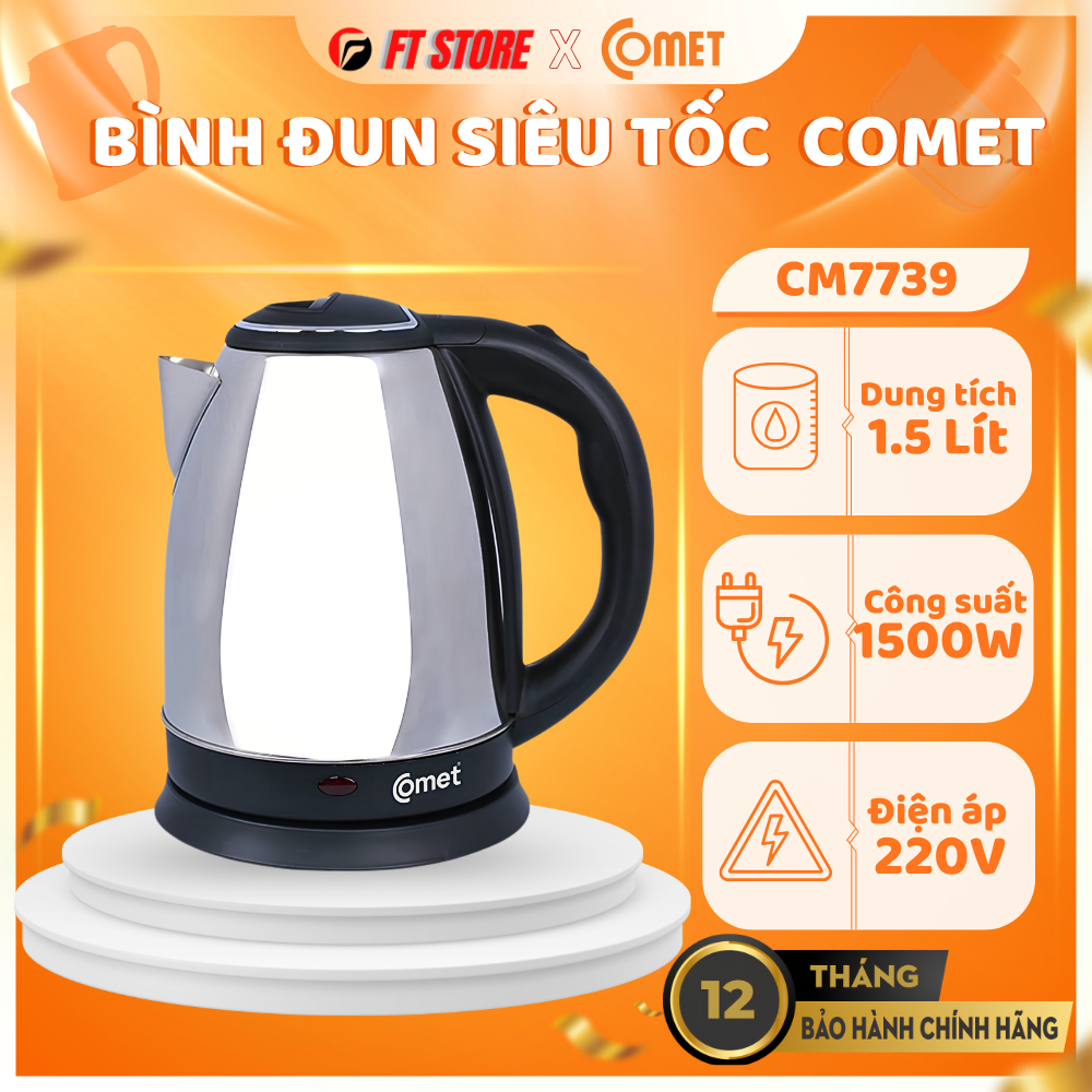 Bình Đun Siêu Tốc COMET CM8215- Dung tích 1.5L,Công suất 1500W, Đun Nước Nhanh, Tự Ngắt An Toàn