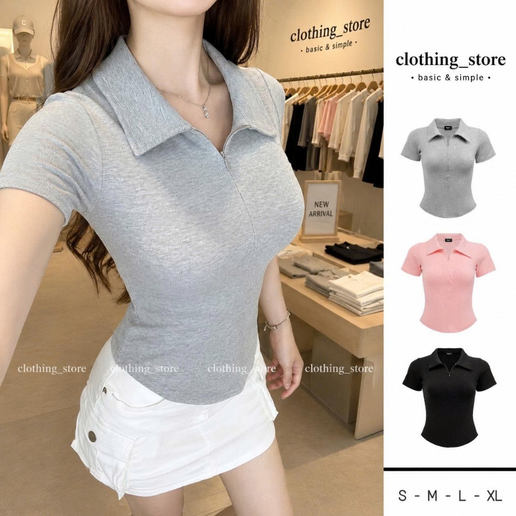 [MÀU MỚI 2026] Áo thun nữ cổ bẻ phối dây kéo DAZZI , áo polo nữ ôm dáng vải cotton mịn DAZZI A022