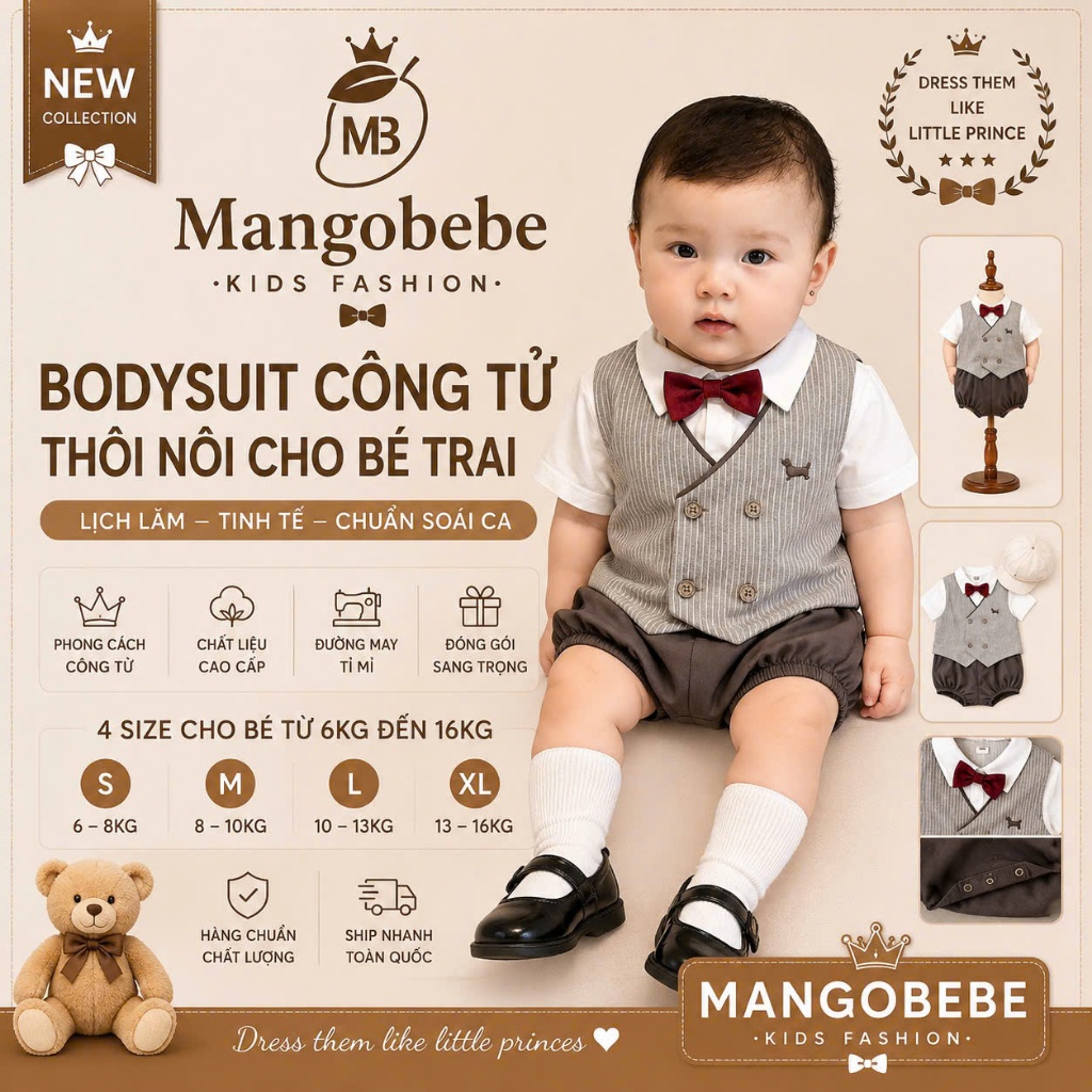 Mangobebe-Set Công Tử Xám Sọc Bé Trai Hàn Quốc Vest Gile Sang Trọng Kèm Jum Liền Nơ Đỏ