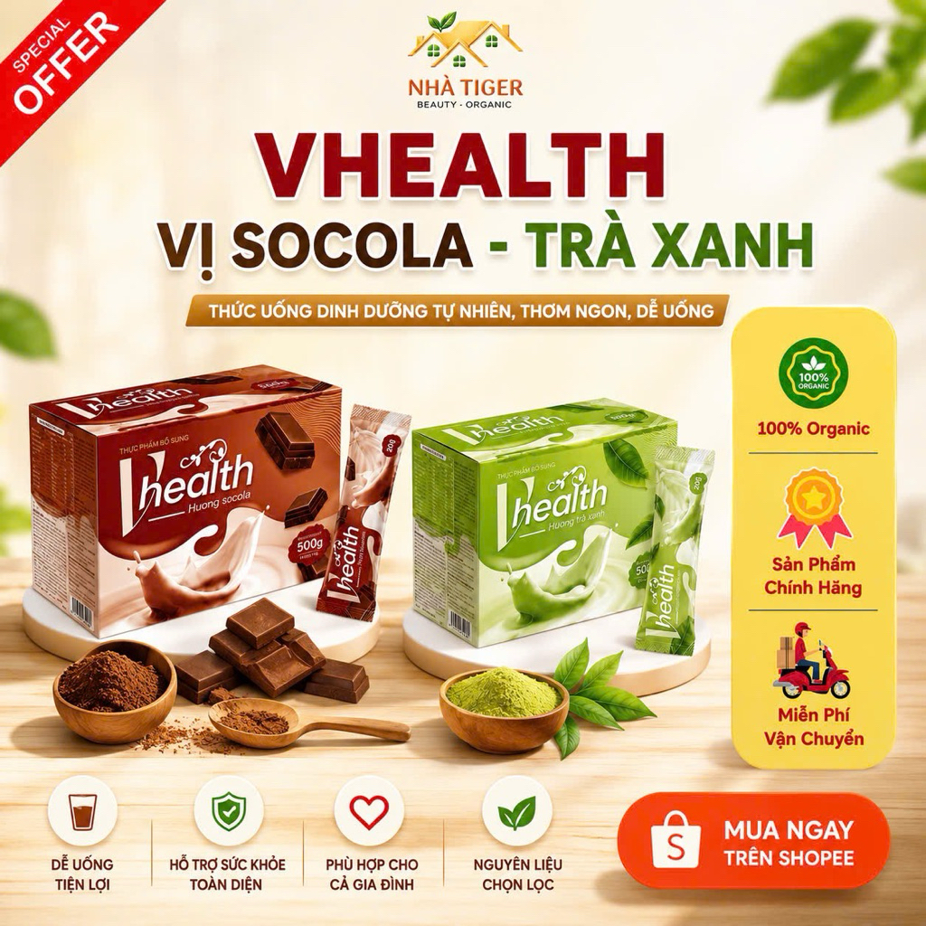 [Combo] Ngũ cốc Vhealth Trà Xanh - Socola